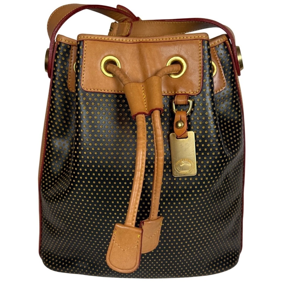 VINTAGE Dooney & Bourke Cabriolet Drawstring Bucket Bag, Black/Gold Polka Dot